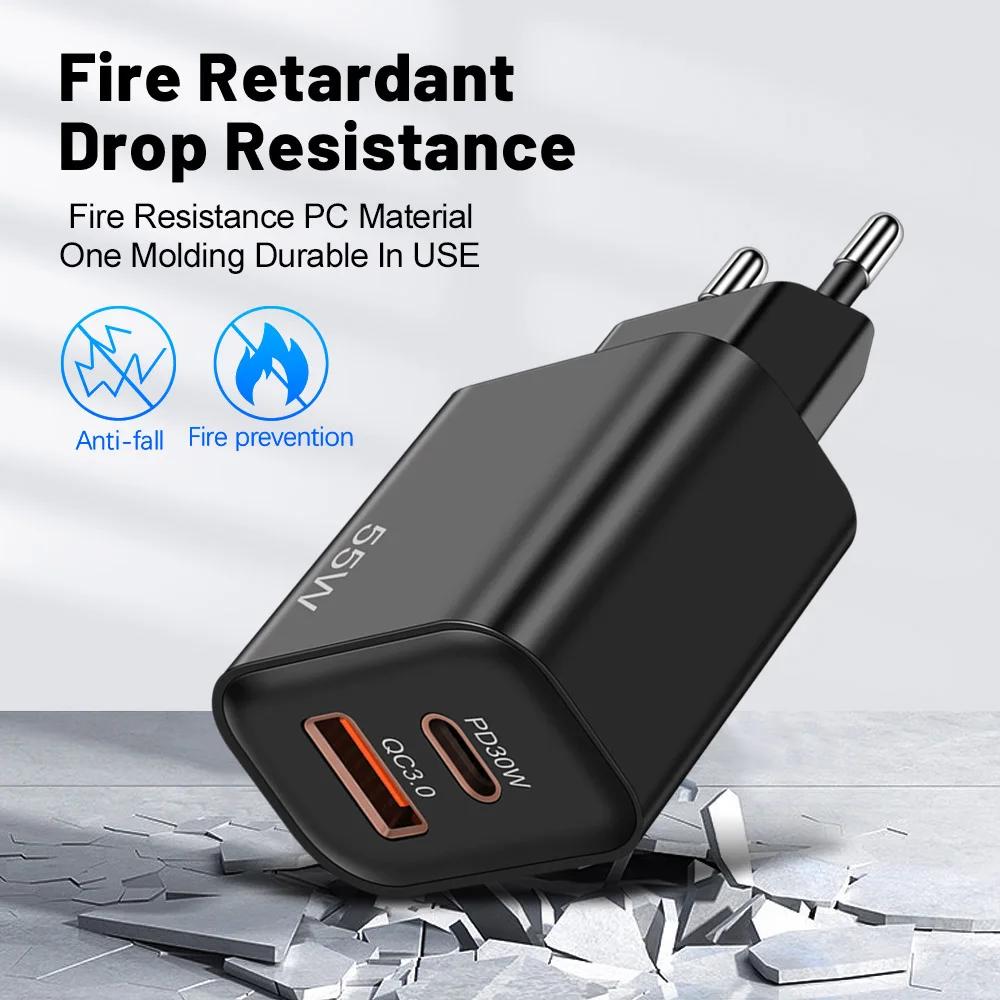 55W USB Type C Charger Quick Charge 3.0 Phone Charge Adapters for IPhone 16 15 Pro Max Xiaomi Samsung Type C Fast Wall Charger