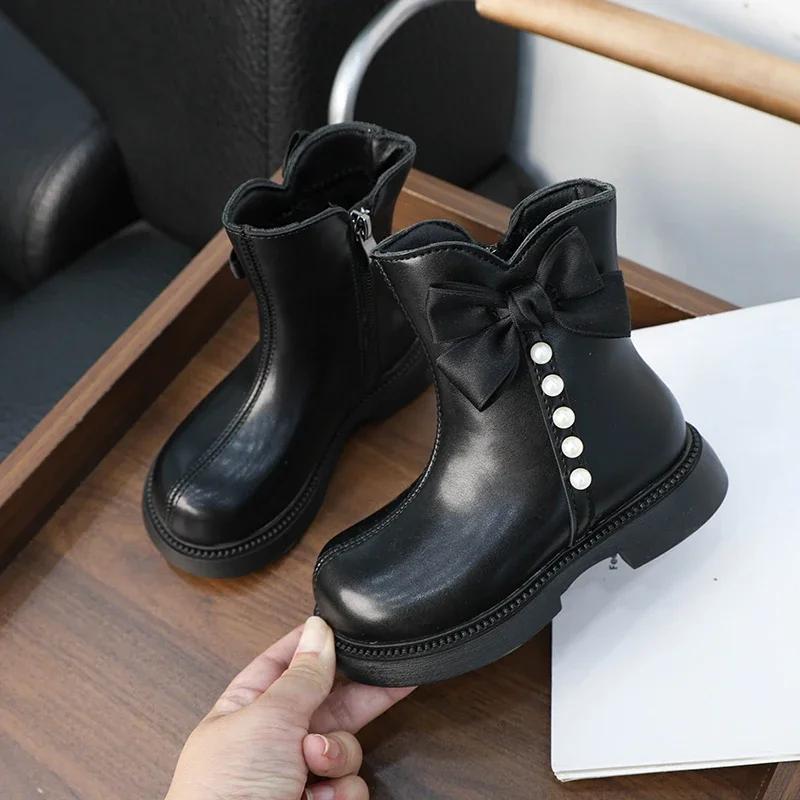 Winter Girls' Boots Elegant Trend Children Beige Cotton Boots Sweet Bowknot Versatile Kids Causal Fashion Princess Leather Boots