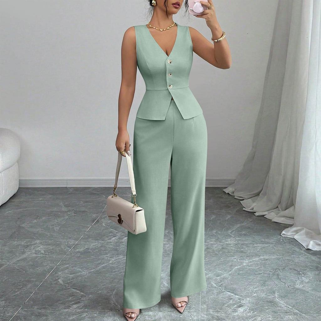 Women's 2-Piece Fashion Casual Sleeveless Tailored Vest + V-Neck Loose Top + High-Waisted Wide-Leg Pants Loungewear Set