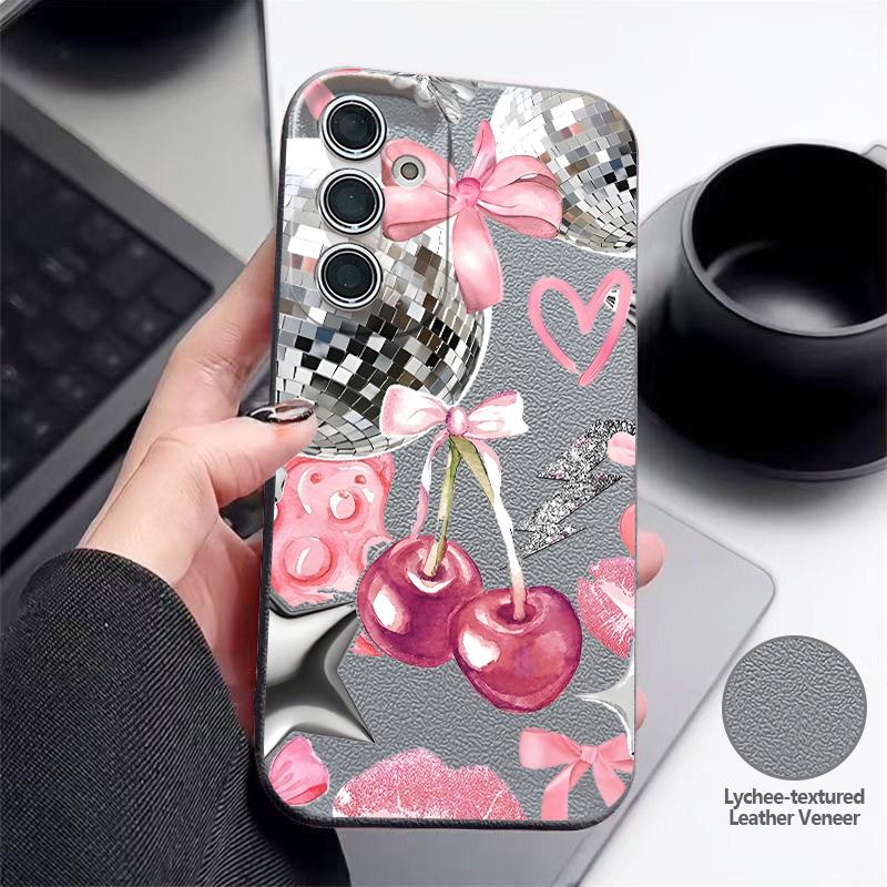 Cherry Fruits Print Case For Samsung S26 S25 Ultra S24 S23 S22 S21 FE A15 A35 A55 A16 A36 A56 A17 A18 A37 A57 5G Leather Texture Soft Cover