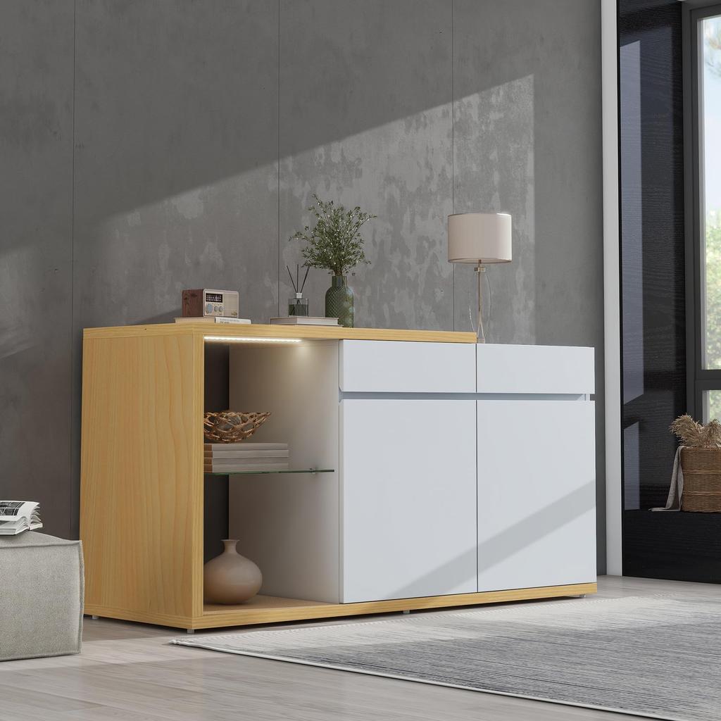 Sideboard Chest of Drawers LED 2 Doors & 2 Drawers & Glass Shelf, Buffet Highboard Ample Storage, Buffets Dining Room Living Room, White & Oak