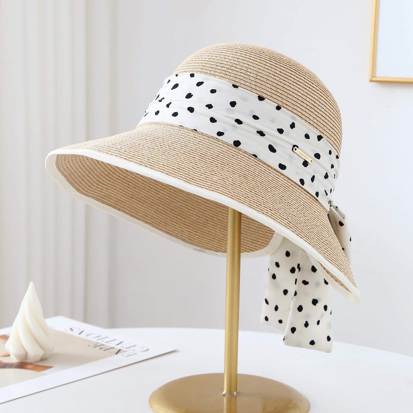 

Women s Summer Wide Brim Sun Hat Polka Bow Beach Accessory Fashionable Hat for Women 56-58cm