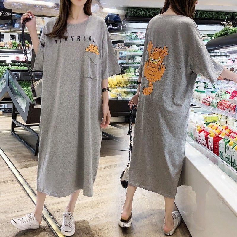 

Korean-Style Summer Cartoon Maternity T-Shirt Dress - Short Sleeve, Knee-Length, Loose Fit, Plus Size M
