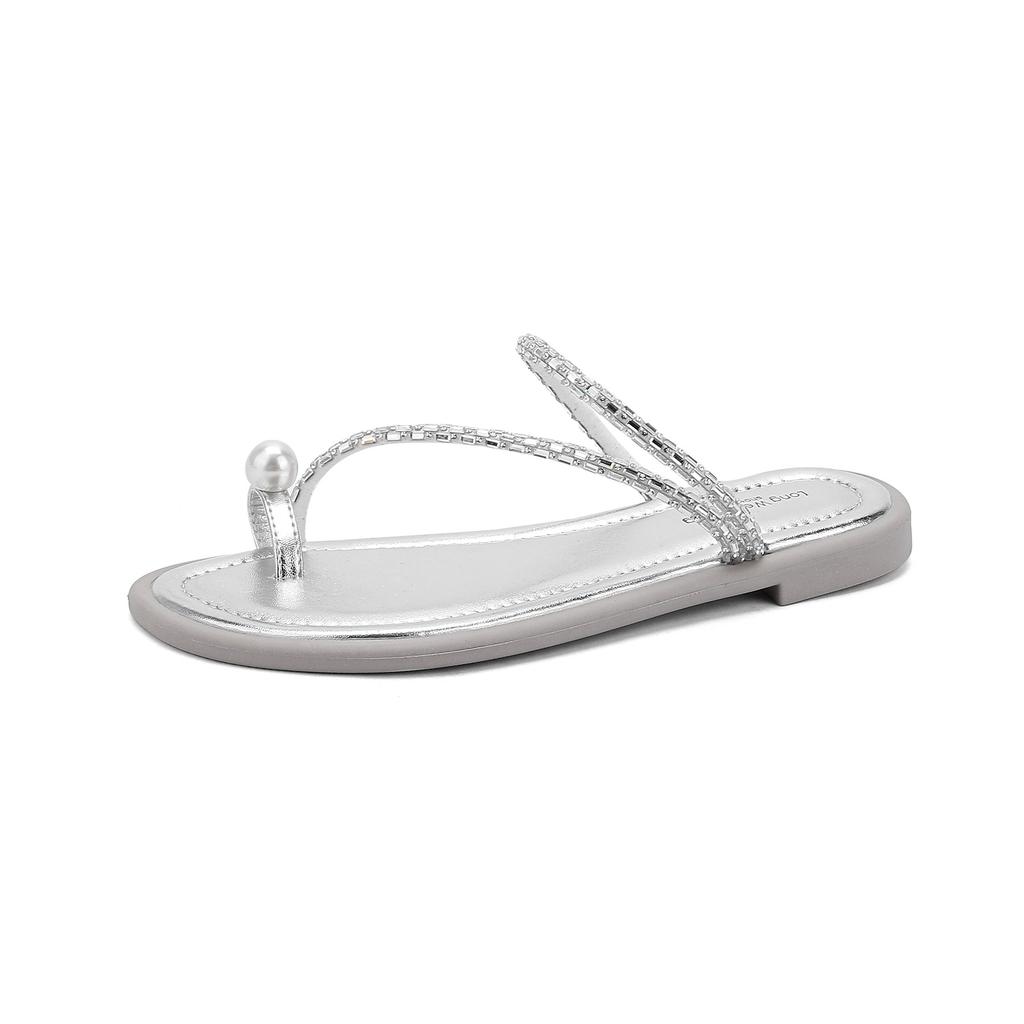 Fashion pearl rivets clip toe slippers women crystal beading narrow band flip flops new summer beach slides shoes  sandalias mujer