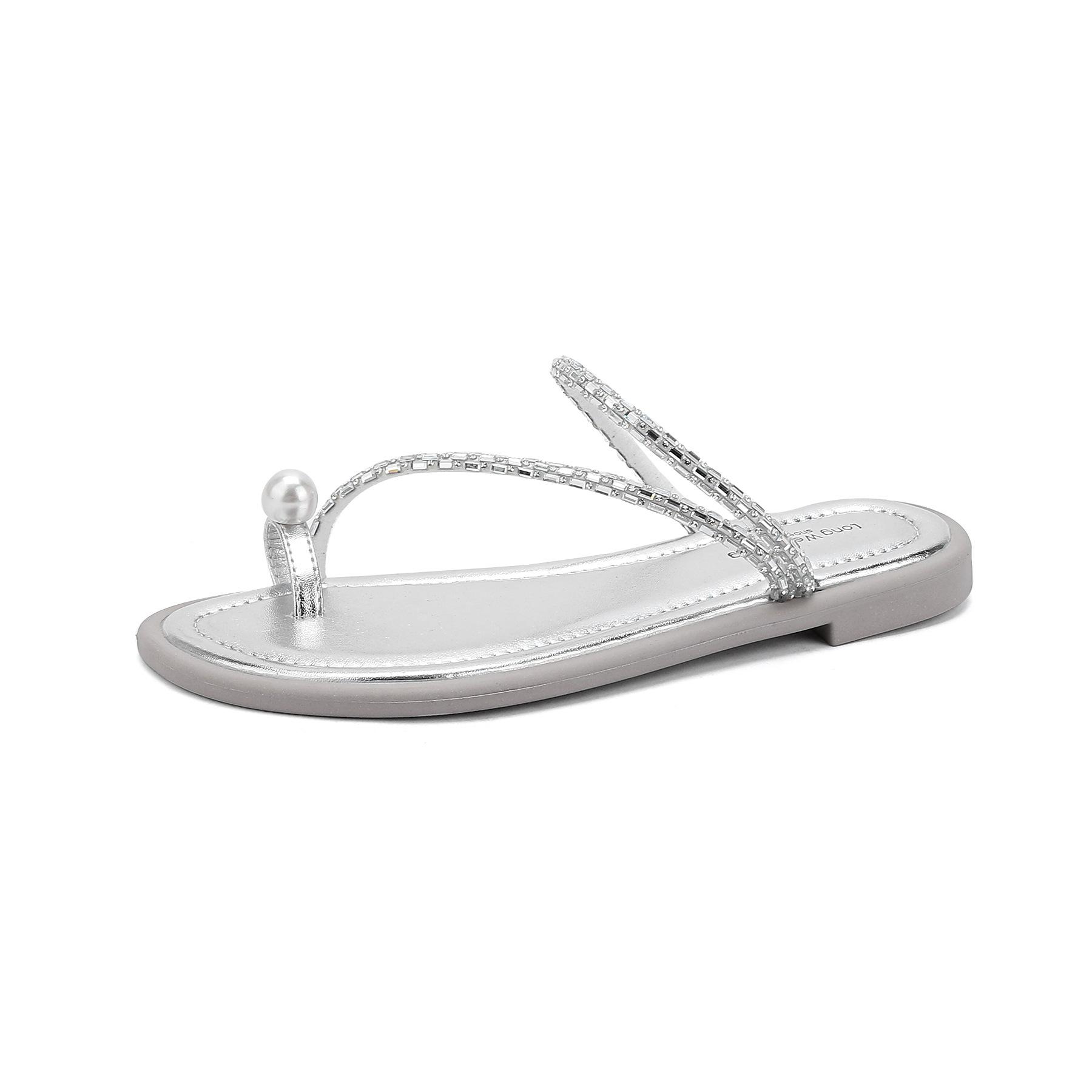 

Fashion pearl rivets clip toe slippers women crystal beading narrow band flip flops new summer beach slides shoes sandalias mujer 35 серебряный