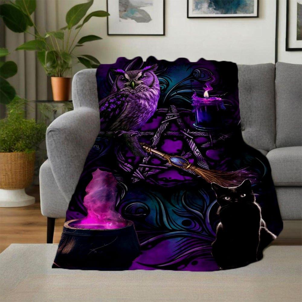 "Enchanted Purple Owl & Black Cat Witch Decor"Blanket Flannel Throw Blanket for Sofa, Bed, Travel, Camping, Office