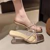 French crystal slippers women's 2025 summer new outer wear fashionable transparent thick heel high heel fairy style golden sandals