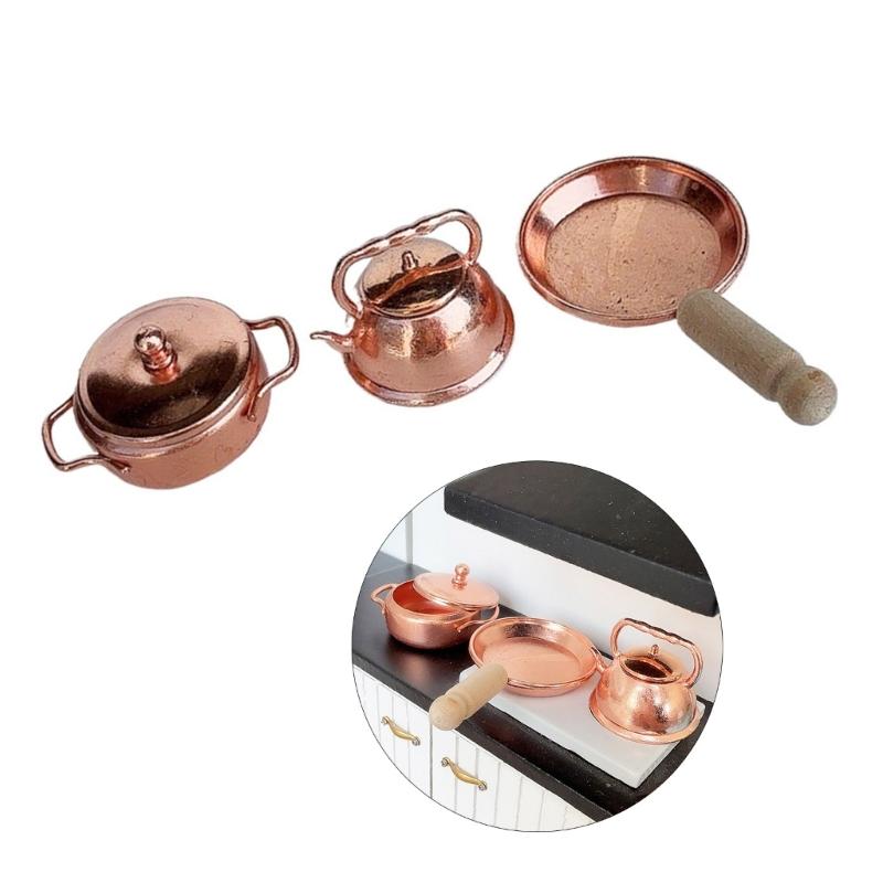 Detailed 1/12 Scale Miniature Kitchenware Metal Cookware With Wooden Handle Compatible With Miniature Furniture Displays