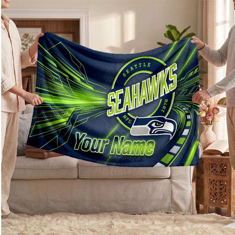 Seattle Seahawks Flannel Blanket, Custom Name Text Personalized Soft Throw Blanket Home Decor Gift