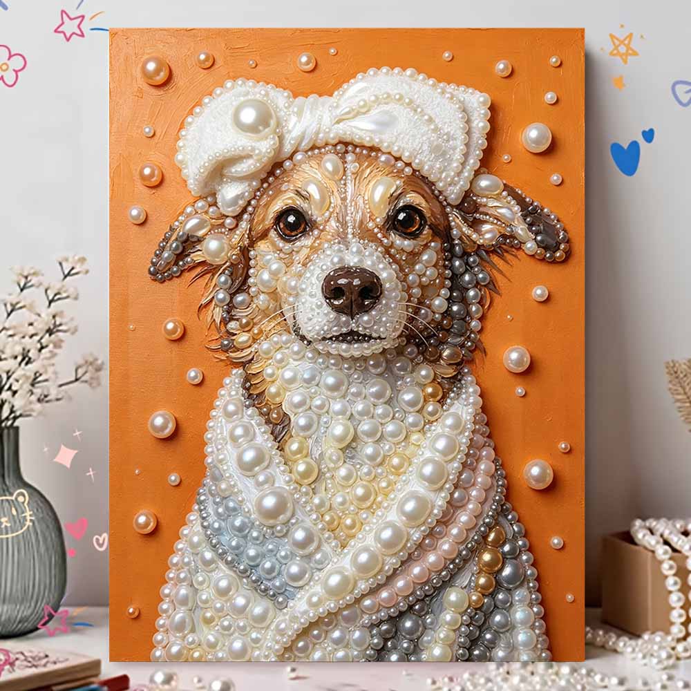 Handmade Framed Pearl Painting Set with Cute Elegant Puppy Wearing Towel Design 5D Shiny Bead Art Canvas Creative Craft for Room Decor