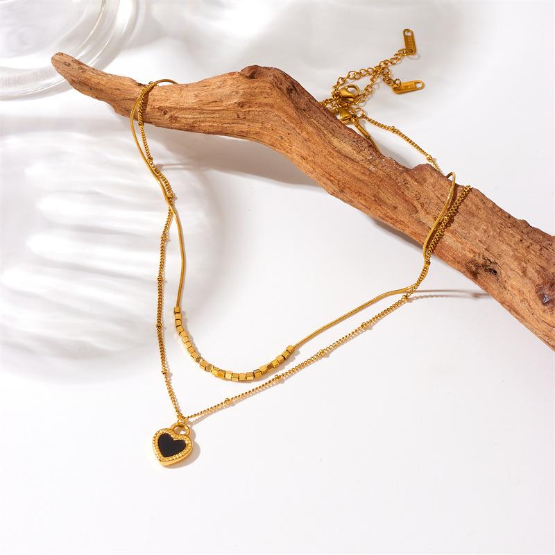 Fashion Minimalist Versatile Heart Gold Titanium Steel Double Layer Layered Chain Black White Love Pendant Necklace