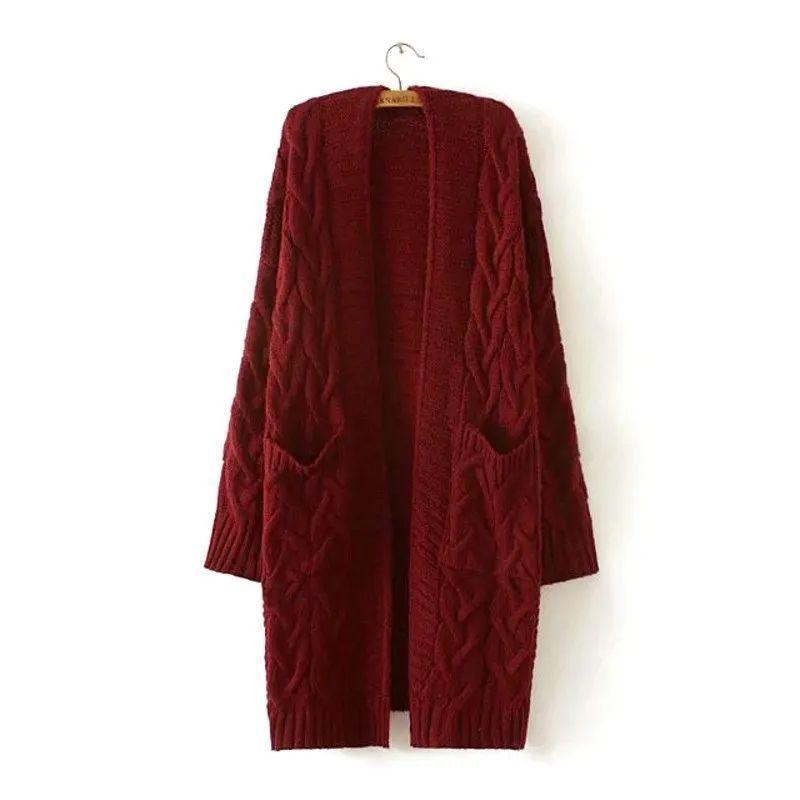Dámský módní ležérní dlouhý jednobarevný svetr bez knoflíků cardigan bunda