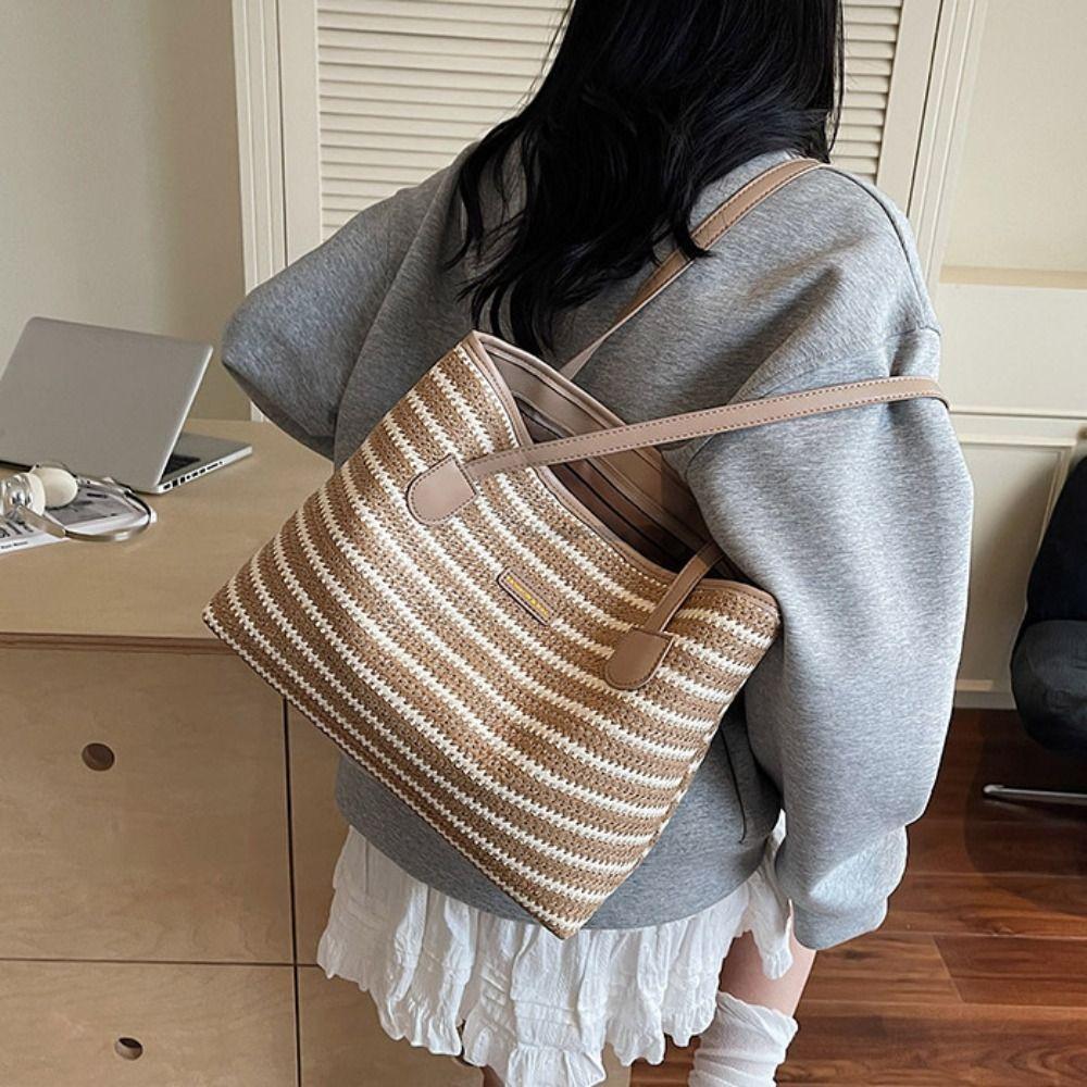 Beach Handbag Straw Woven Bag Parent Shoulder Bag Strip Shoulder Bag Bohemian Beach Bag  Streetwear