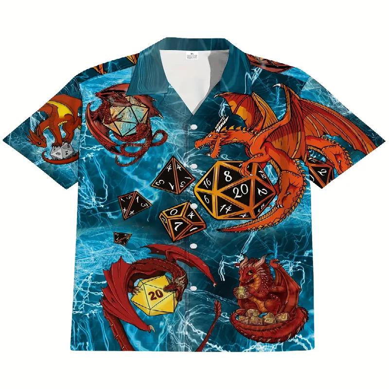 

Мужская повседневная гавайская рубашка с коротким рукавом на пуговицах, с ярким мультяшным принтом дракона и игральных костей, из легкой полиэстеровой смеси, идеально подходит для лета 5XL
