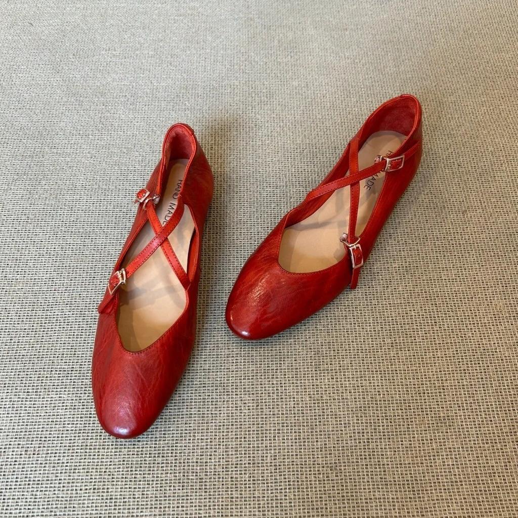 Washed cowhide~ Red ballet shoes retro leather cross-strap Mary Jane shoes women's round head shallow mouth flat-soled single shoes