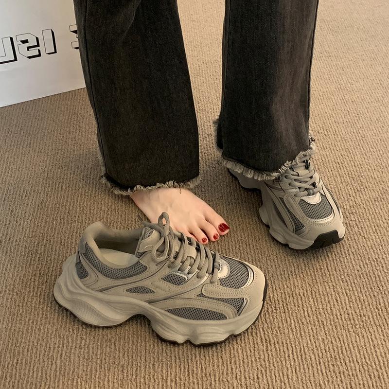 Retro Thick-soled Gray Dad Shoes Women's 2025 Spring and Autumn New Mesh Breathable Small Casual Sports Shoes