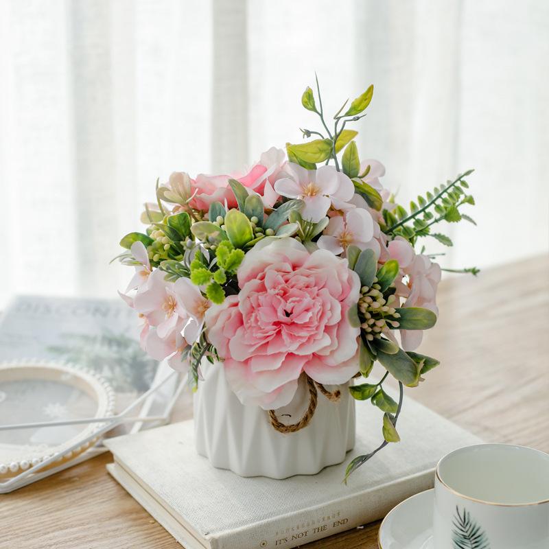 Artificial Flowers with Small Ceramic Vase Faux Roses Plants Eucalyptus Leaves Berries Flower Arrangements Decorations for Home