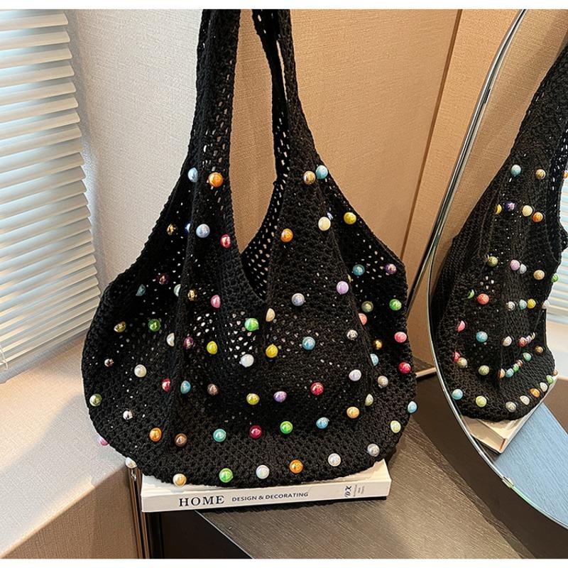 Large Capacity Braid Colorful Rivet Shoulder Bags Hollow Out Sense of Luxury Handbags for Women 2024 Casual Fashion Tote Summer