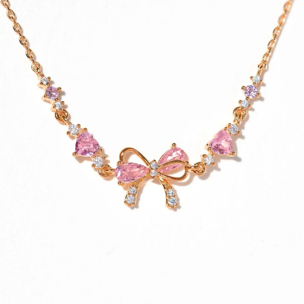 Y2K Exquisite Sweet Pink Zircon Bowknot Stainless Steel Love Heart Chain Bracelet for Women Girls Party Birthday  Gifts
