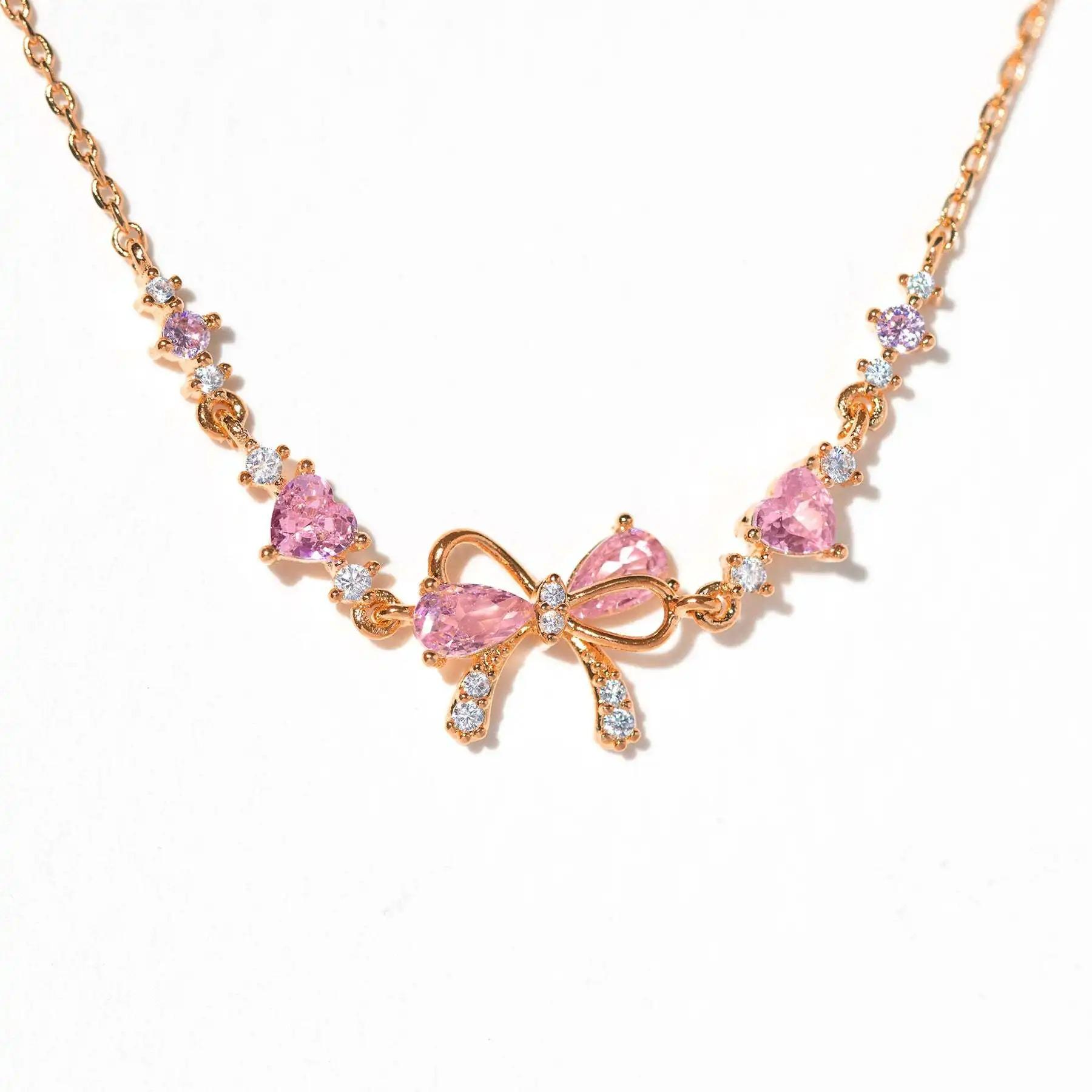 

Y2K Exquisite Sweet Pink Zircon Bowknot Stainless Steel Love Heart Chain Bracelet for Women Girls Party Birthday Zircon Gifts