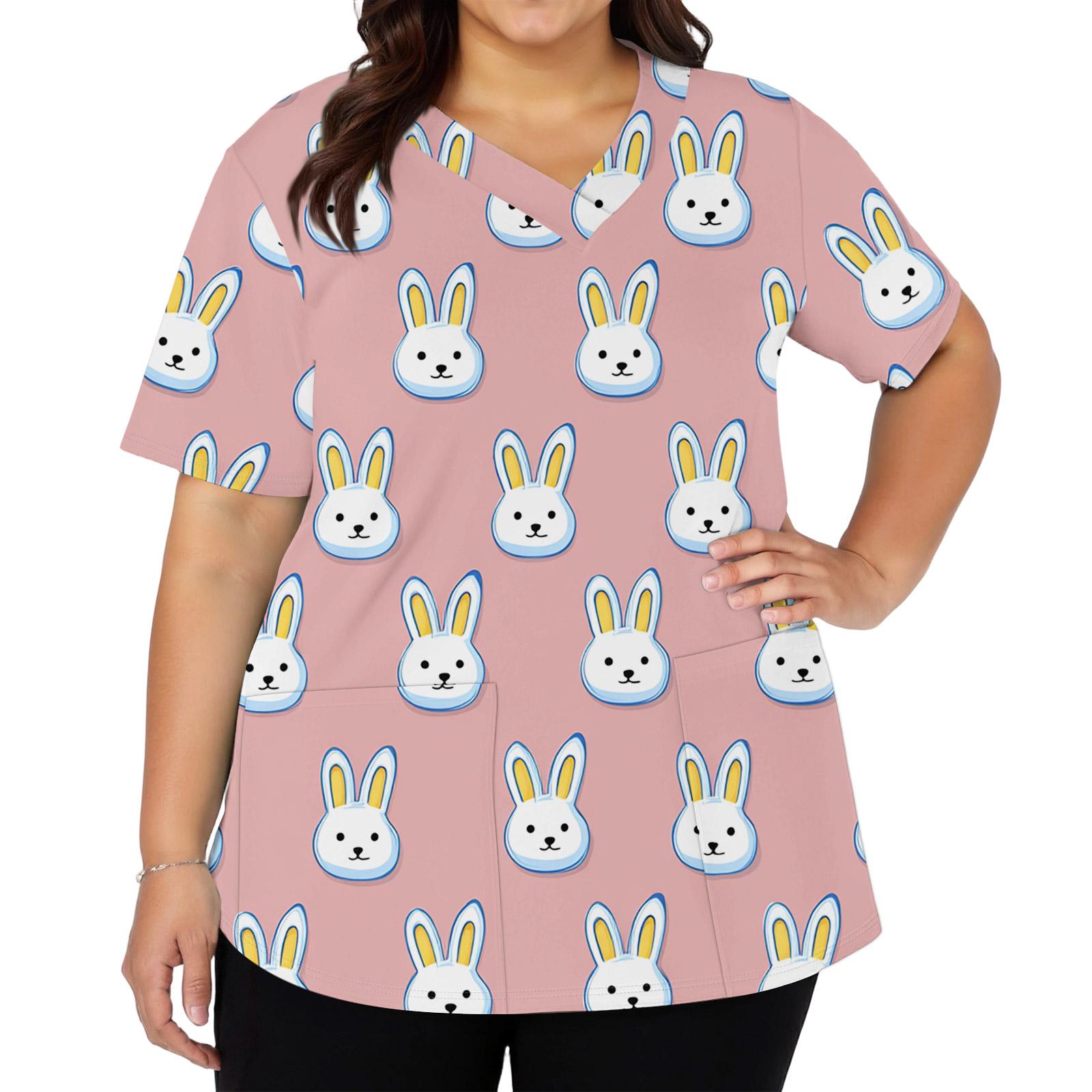 

Women s Fashionable V-neck Short-sleeved Work Top With Double Side Slits And Pockets, Featuring Easter Bunny And Egg Prints. XXXXXL