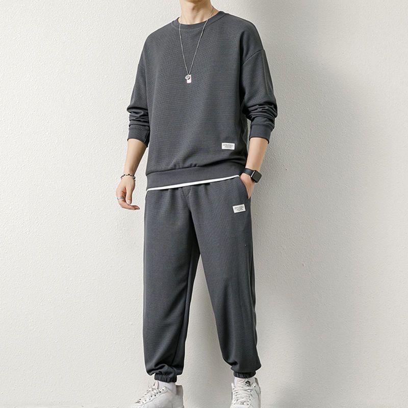 Men's Autumn Waffle Suit: Trendy Long-Sleeve Top & Trousers Two-Piece Set
