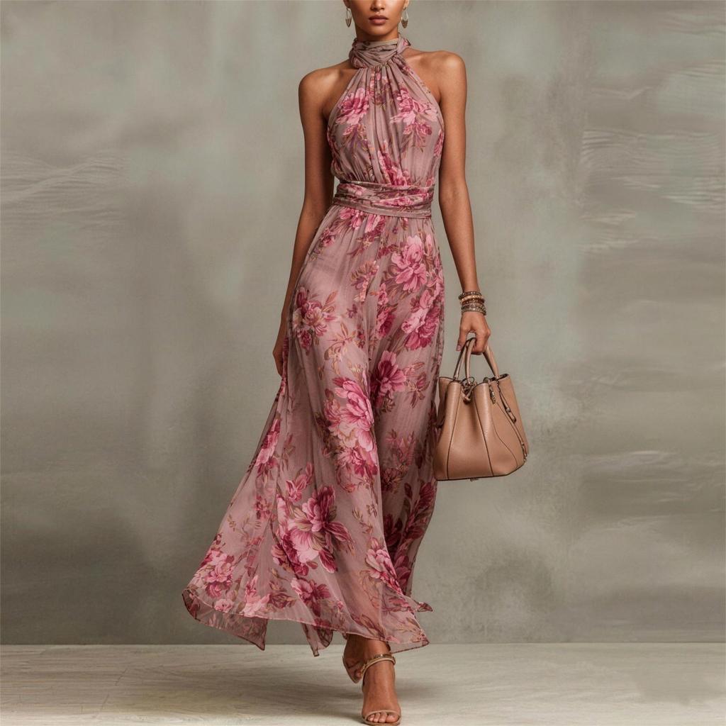 2026 women's new chiffon long dress in Europe and America, waist and thin, neck and sleeveless holiday wind wrinkle dress
