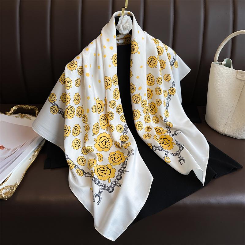 Women's Retro Twill Silk Scarf - 90cm Versatile Shawl for Travel & Sun Protection