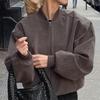Giacca Bomber da Pilota da Donna Grigia Vintage con Collo Alto, Manica Lunga, Zip, in Pelle Scamosciata