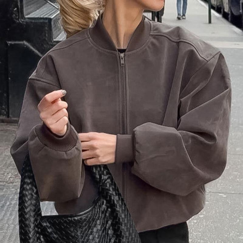 Giacca Bomber da Pilota da Donna Grigia Vintage con Collo Alto, Manica Lunga, Zip, in Pelle Scamosciata