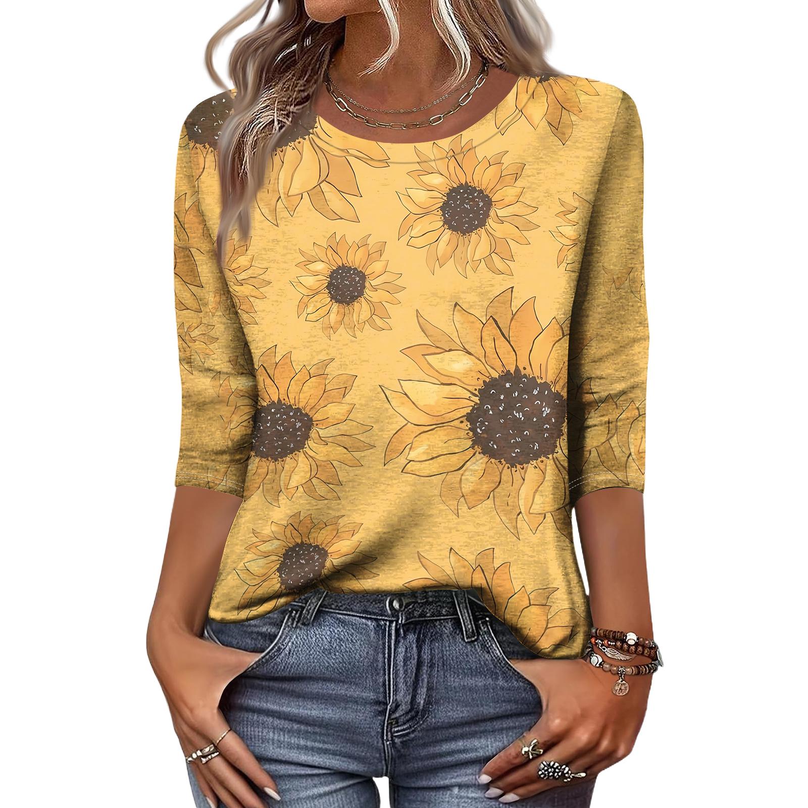 

Women s Fashion Casual Round Neck 3/4 Sleeve Loose Printed T-Shirt Ladies Top XL жовтий