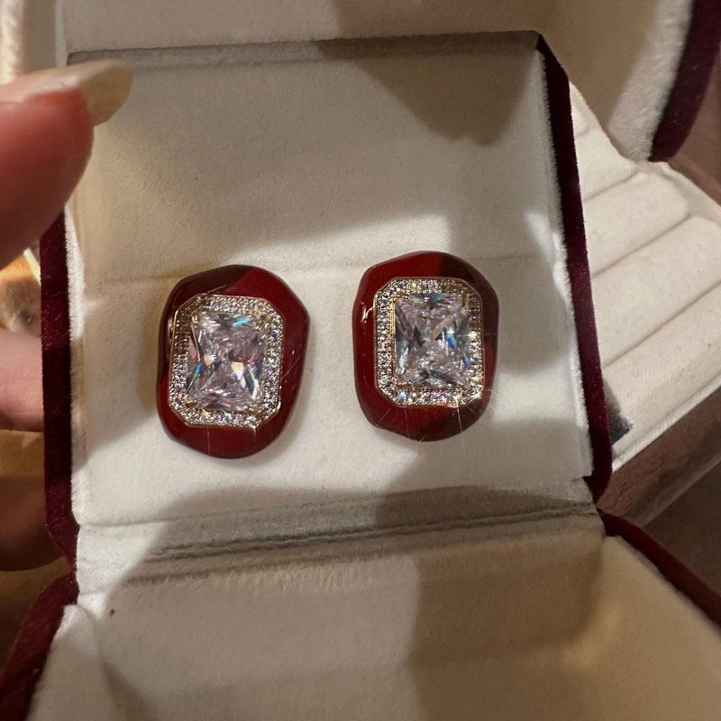 Квадратные серьги-пусеты с бриллиантовой каплей масла, женские, в гонконгском стиле, в ретро-темпераменте, универсальные, серьги класса люкс, оптом