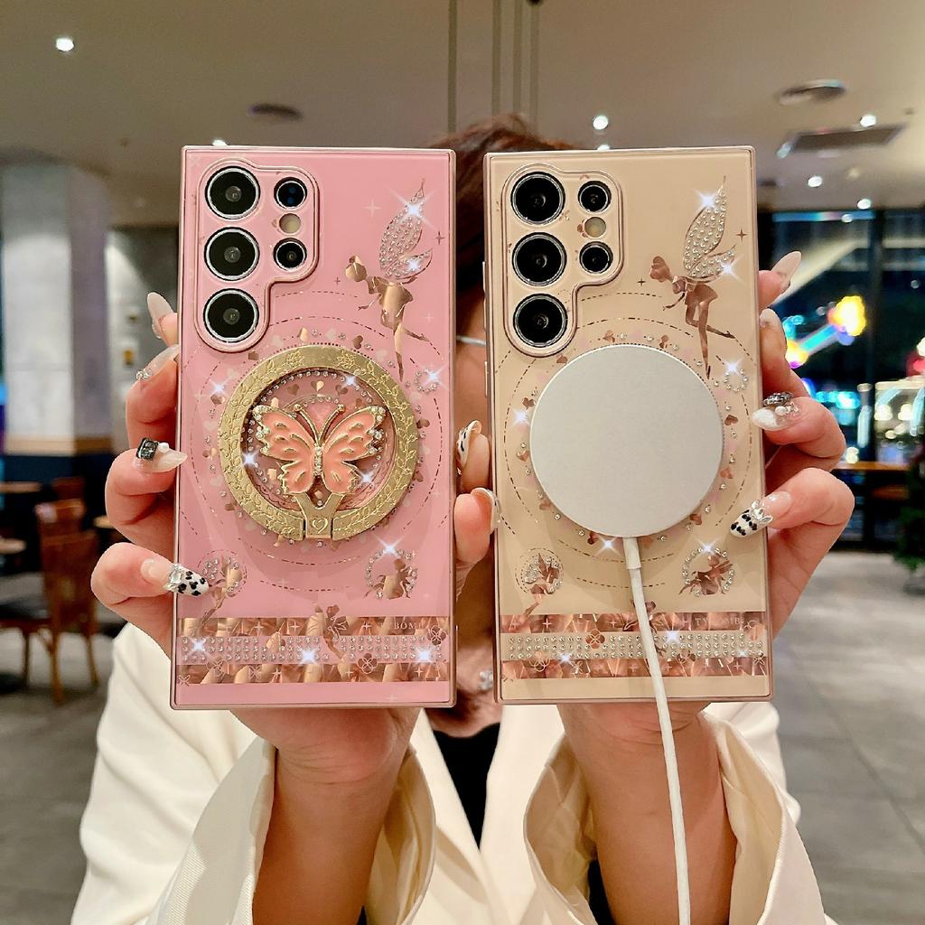 For Samsung Galaxy S25 Ultra Magnetic Case Kickstand TPU+PC Phone Cover Butterfly Pattern Rhinestones Decor