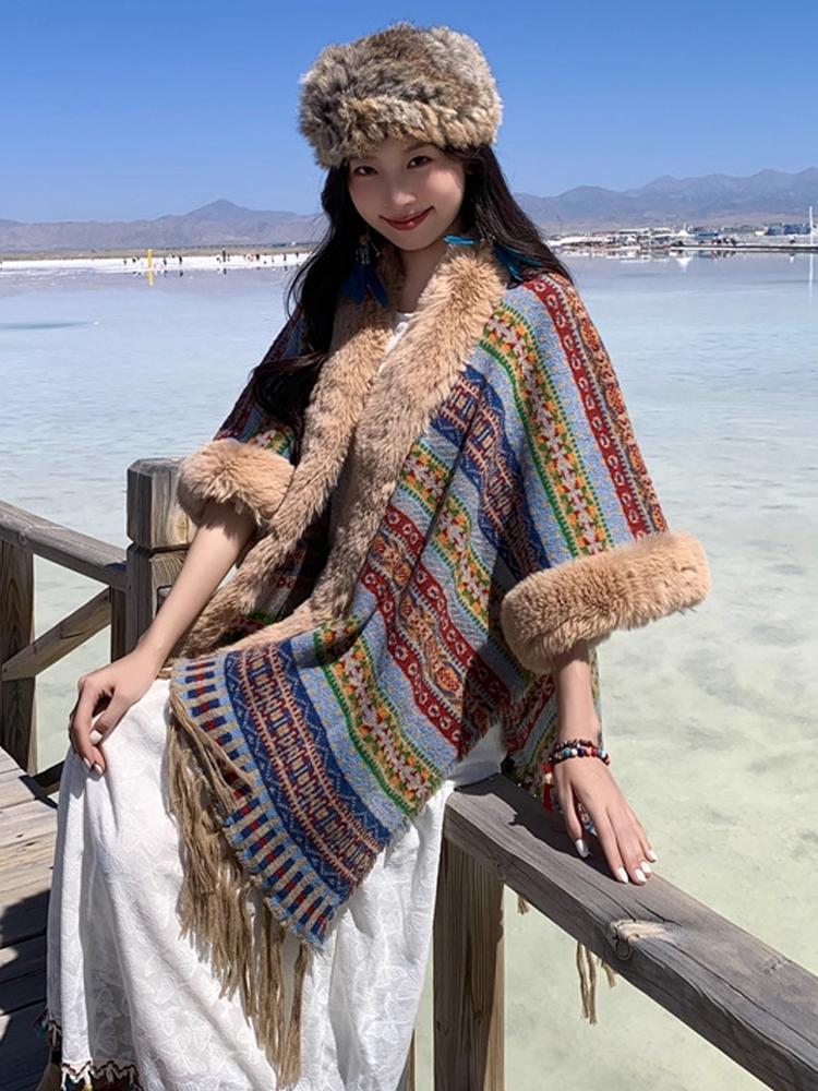 Winter Women Scarf Layers Poncho Elegant Retro Striped Print Wraps Shawl Casual Warm Hairy Scarve Capa Para Mujer Pashmina Cloak