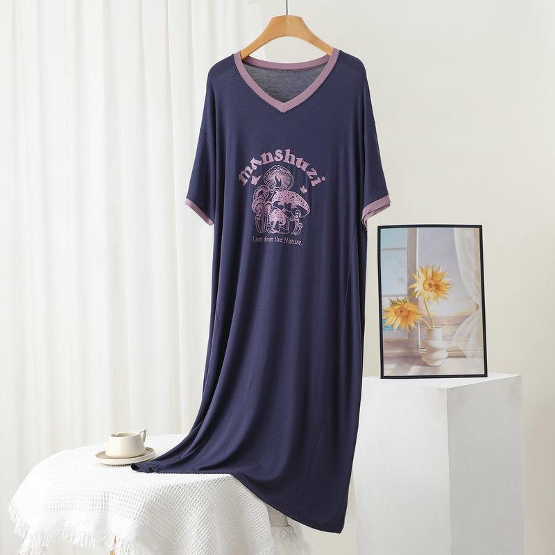 Plus Size Casual V-Neck Letter Print Modal Nightgown - Summer Loose-Fit Short Sleeve Dress