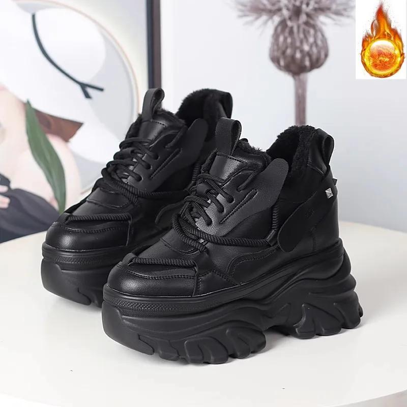 Fashion 12CM Synthetic Autumn Winter Spring Plush Warm Down Women Ankle Booties Shoes Leather Platform Boots Winter Sneakers Wedge