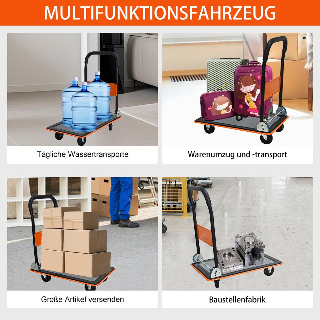 Platform Cart, 330 Pound Load Capacity Platform Hand Cart, 360-Degree Swivel Casters, Foldable for Loading and Storage, Warehouse - Orange