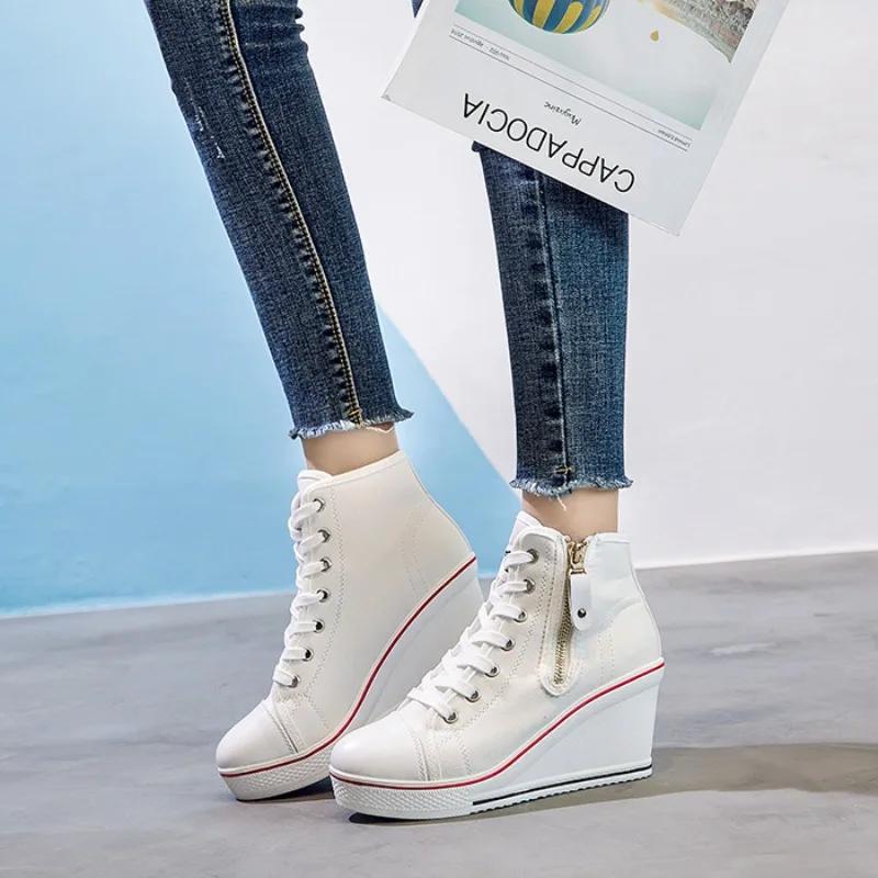 Fashion Autumn 8cm Platform Wedges Shoes Woman Canvas Round Toe Side Zipper Casual Fashion Retro Office Lady Brand Design High Quality
