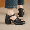 7Cm Retro Leather High-heeled Open-toed Sandals Women's Summer New Thick-heeled Thick-soled Leather One-word Buckle with Roman Sandals~