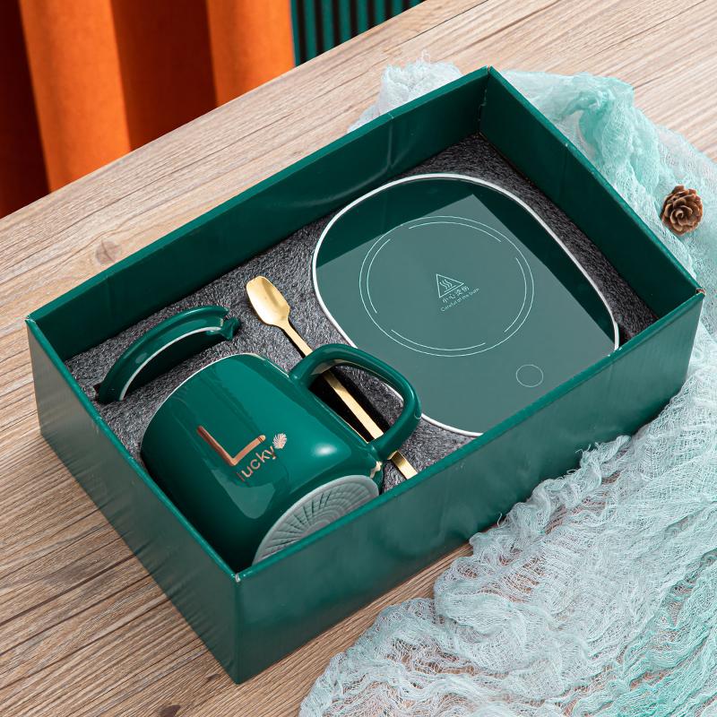 1 Sæt 55℃ Termisk Keramik Kaffekop Bærbar USB Genopladelig Opvarmningskop Med Rustfrit Stål Ske Gavekit Til Rejse Kontor Gave
