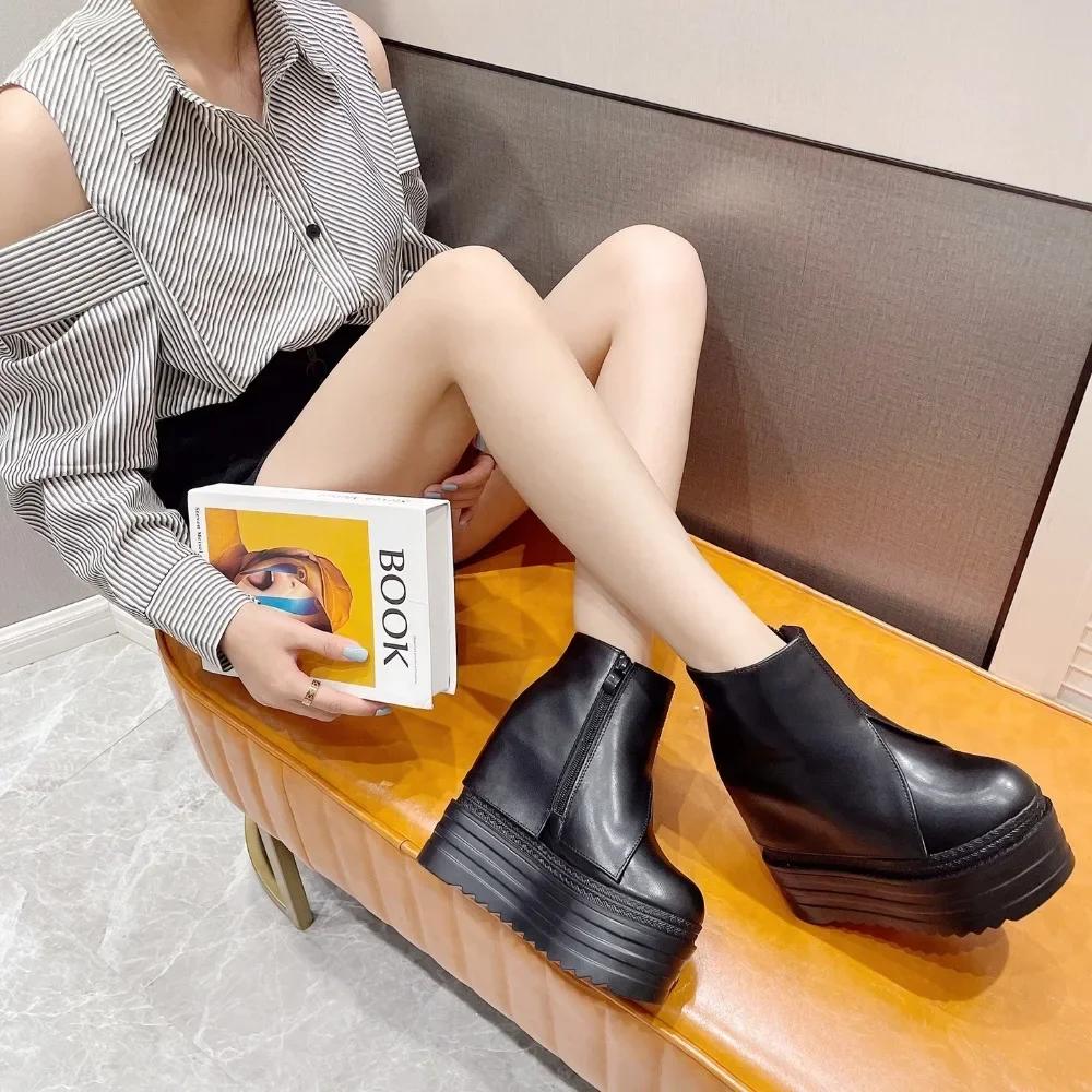 Autumn Womens Ankle Boots Black 14cm Ultra High Heel Zip Platform Bottes Sexy Inner Heigthen Wedges White Black Short Botas