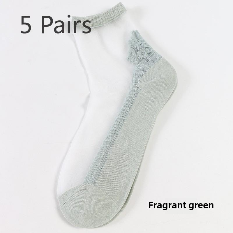 5 Pairs Fashion Breathable Glass Silk Women's Cotton Socks Crystal Stockings Comfortable Light Small Fresh