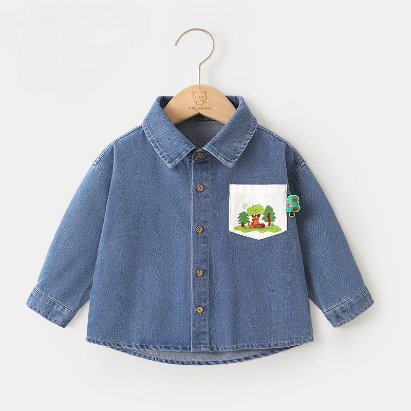 

Весна и осень, новая детская свободная универсальная повседневная джинсовая рубашка 120cm джинсовый синий