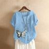 Summer Oversized Cotton and Linen Short-sleeved T-shirt, Cotton and Linen Butterfly Flower Printed Oversized Women's Clothing