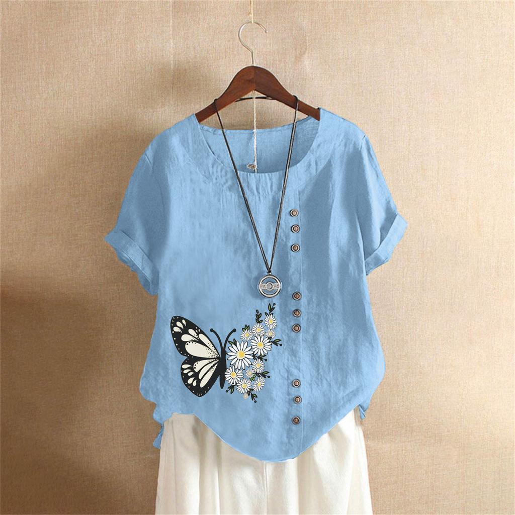 Summer Oversized Cotton and Linen Short-sleeved T-shirt, Cotton and Linen Butterfly Flower Printed Oversized Women's Clothing