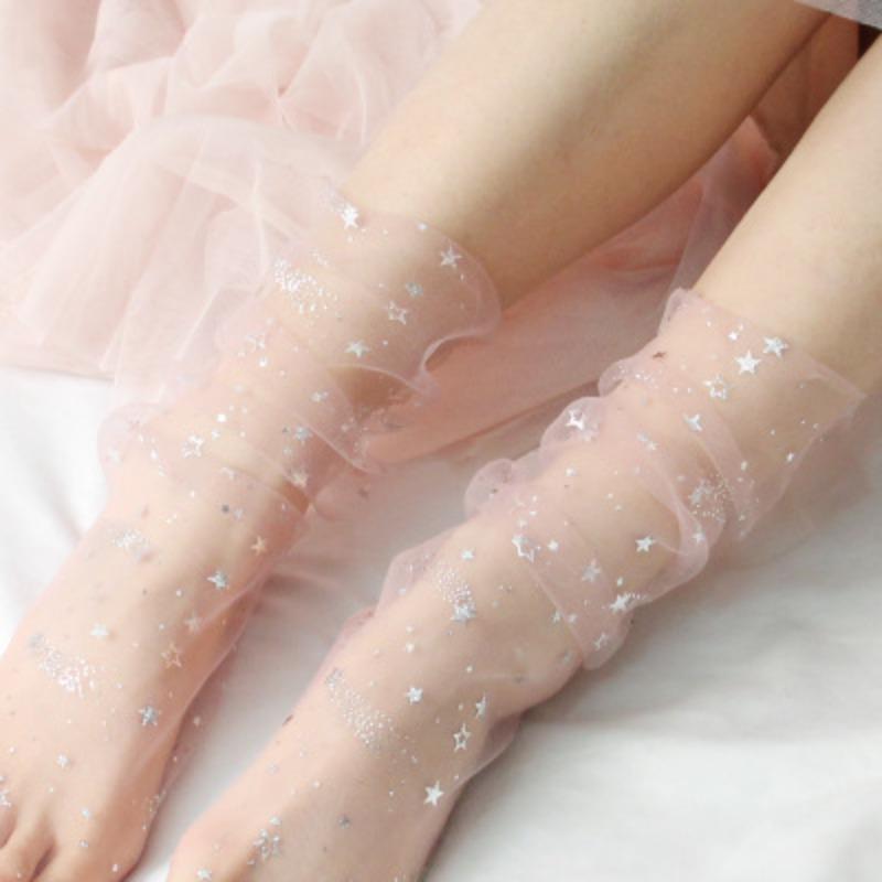 See Through Transparent Women Socks Colorful Star Summer Ultra-thin Nylon Loose Long Socks Women Sweet Girls Mesh Lace Socks Sox