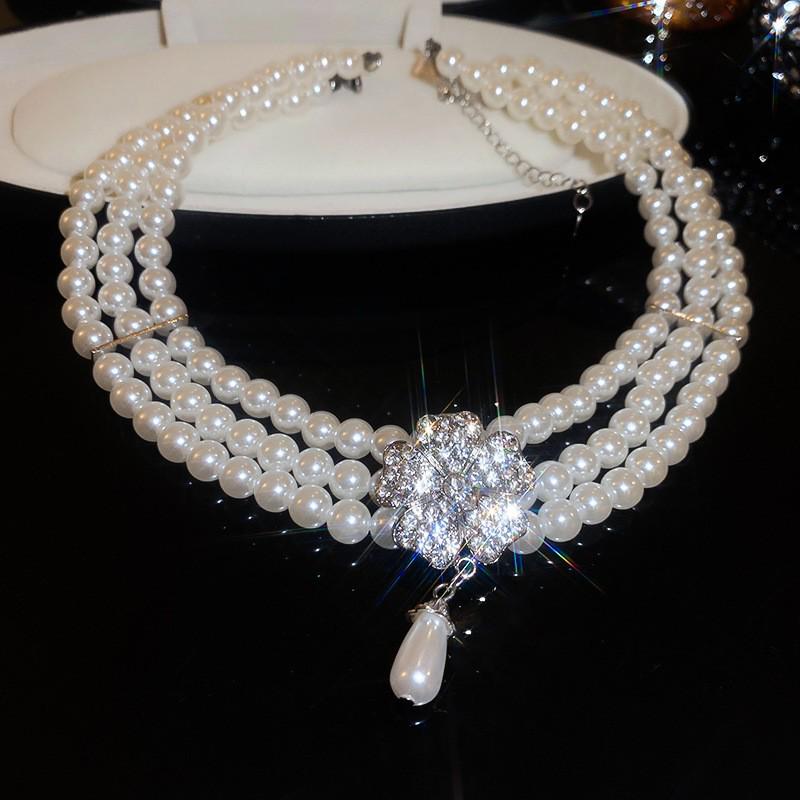 French Inlaid Diamond Pearl Flower Necklace: Elegant Light Luxury, Versatile Clavicle Chain, High-End Jewelry