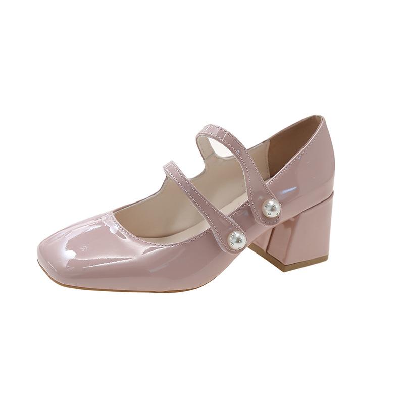 Fashion Pink Double Breasted High Heels for Women 2024 Summer New Thick Heeled Square Toe Japanese Gentle French Mary Jane Women's Shoes