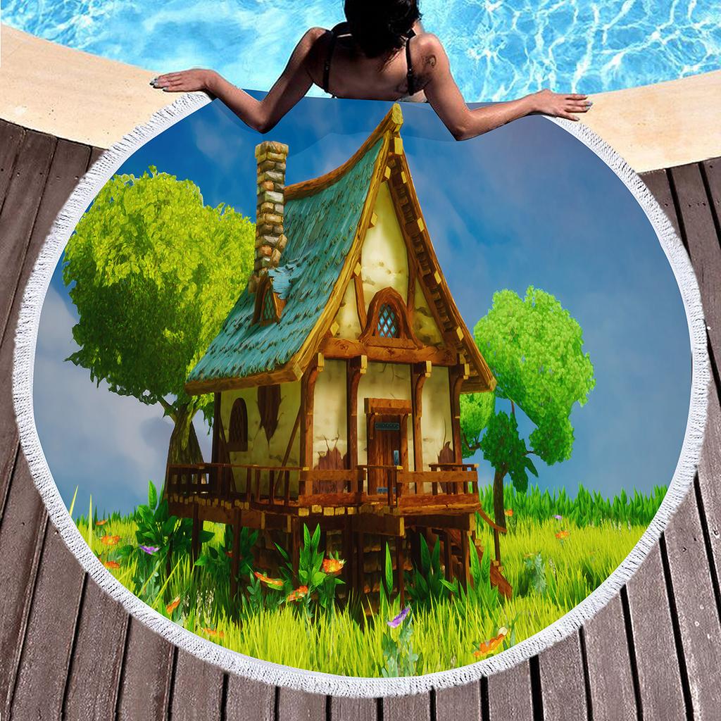 Round Beach Towel,Cartoon Fairy Tale Hedge House Sand Resistant Shawl Beach Blanket,Absorbent Quick Dry Pool Towel Picnic Mat