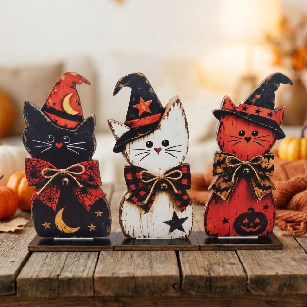 3Pcs Autumn Vintage Black Cat Tabletop Sign Retro Witch Hat Cat Table Ornament  Home Decor